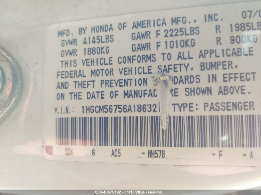 2006 HONDA ACCORD VIN: 1HGCM56756A186321