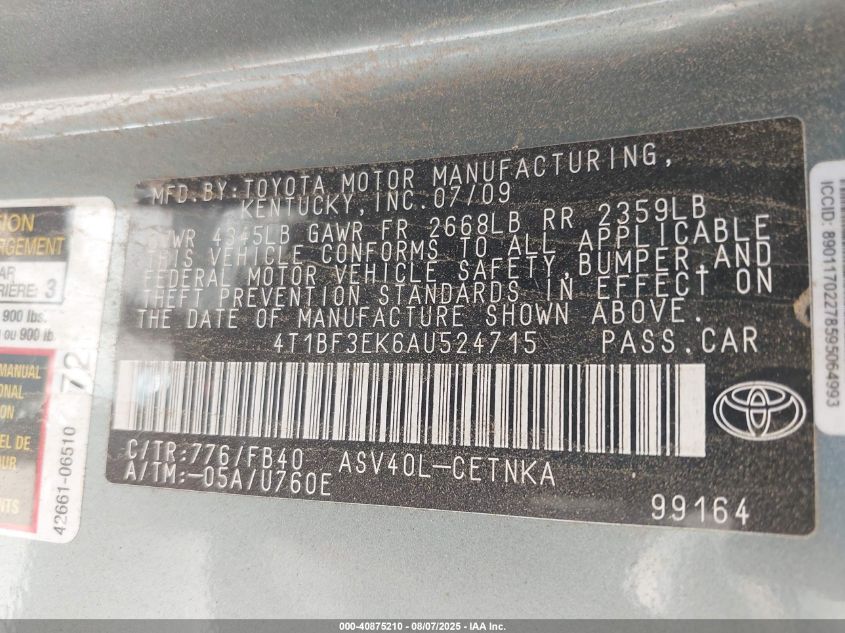 2010 Toyota Camry Le VIN: 4T1BF3EK6AU524715 Lot: 40875210