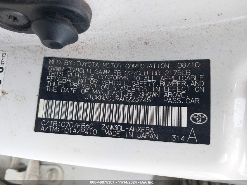 2010 Toyota Prius Iii VIN: JTDKN3DU9A0223745 Lot: 40875307