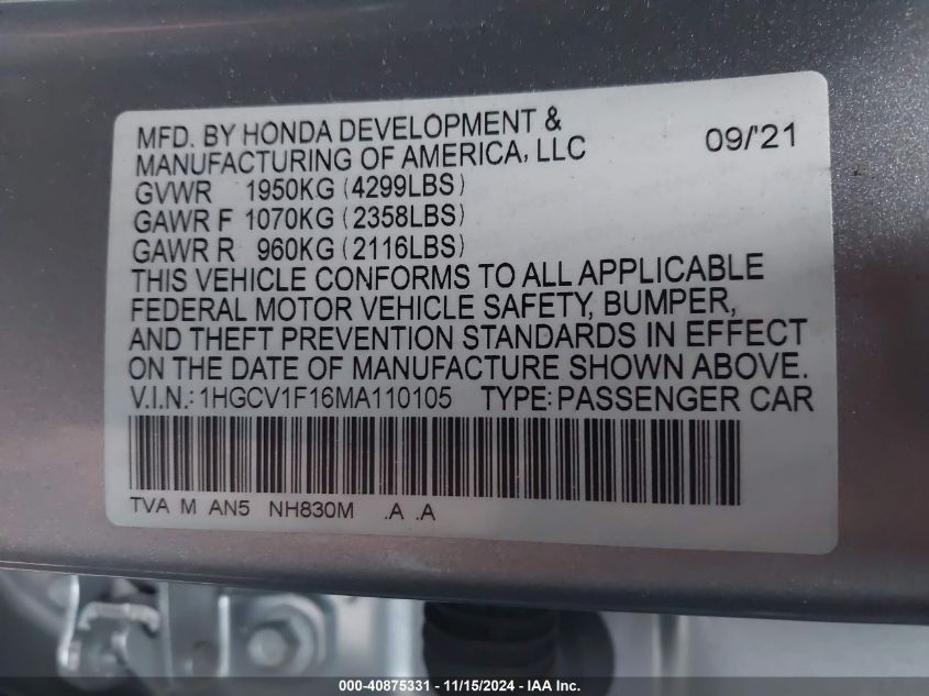 2021 Honda Accord Lx VIN: 1HGCV1F16MA110105 Lot: 40875331