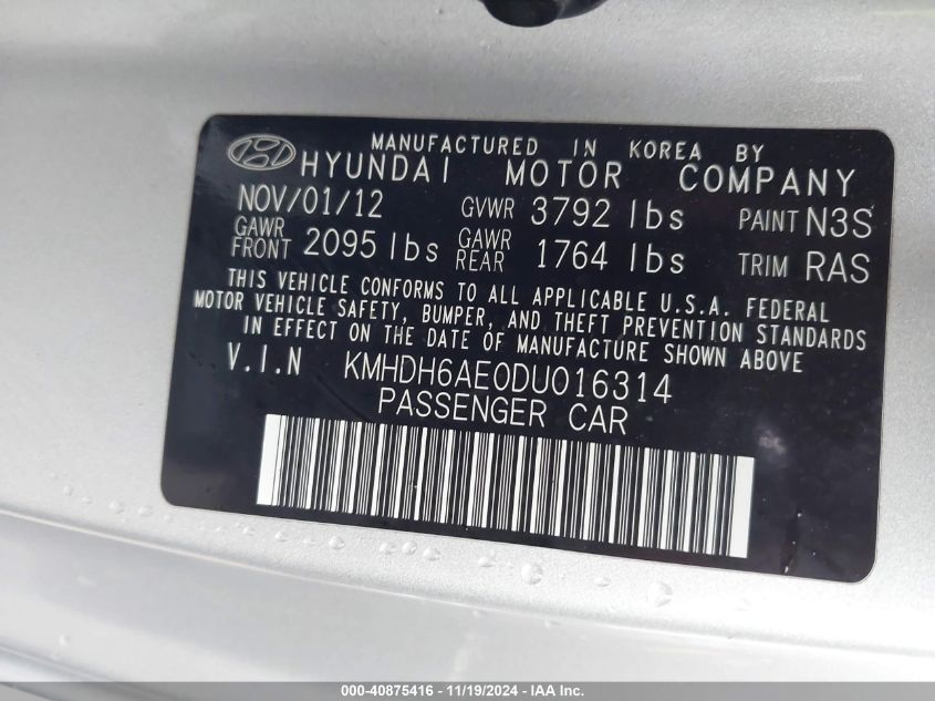 2013 Hyundai Elantra Se VIN: KMHDH6AE0DU016314 Lot: 40875416