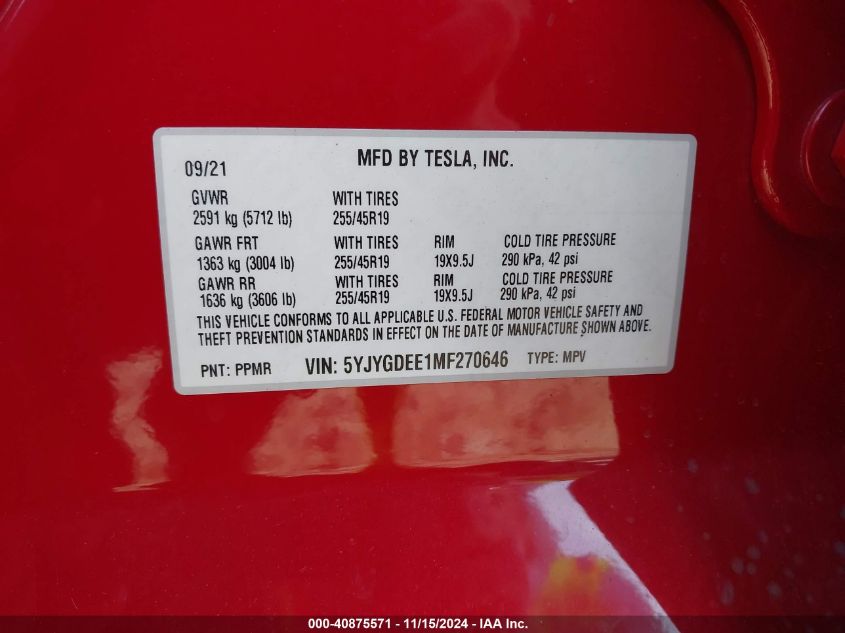 2021 Tesla Model Y Long Range Dual Motor All-Wheel Drive VIN: 5YJYGDEE1MF270646 Lot: 40875571