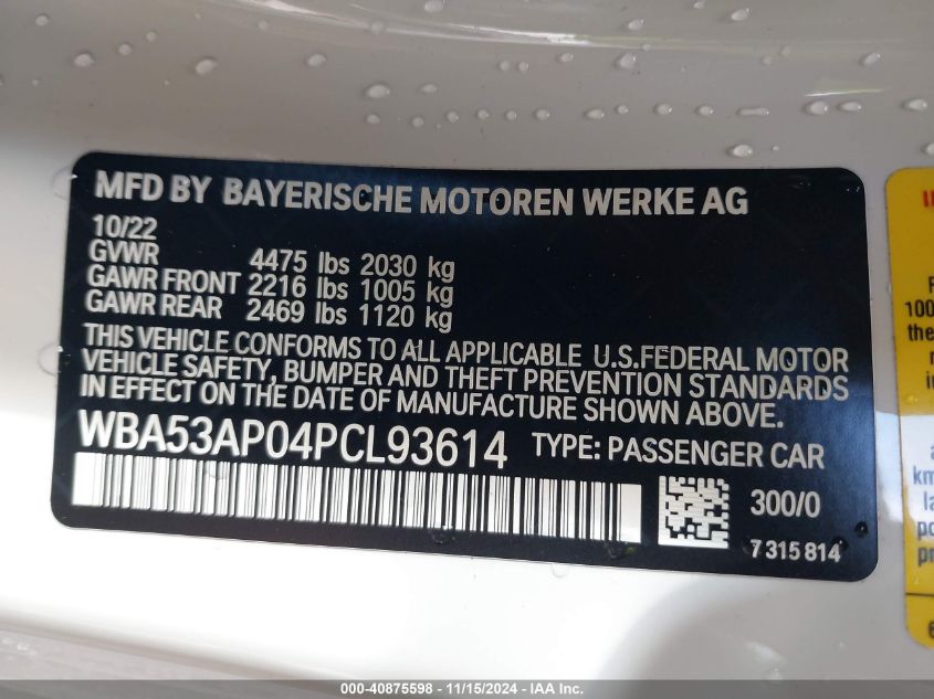 2023 BMW 430I VIN: WBA53AP04PCL93614 Lot: 40875598