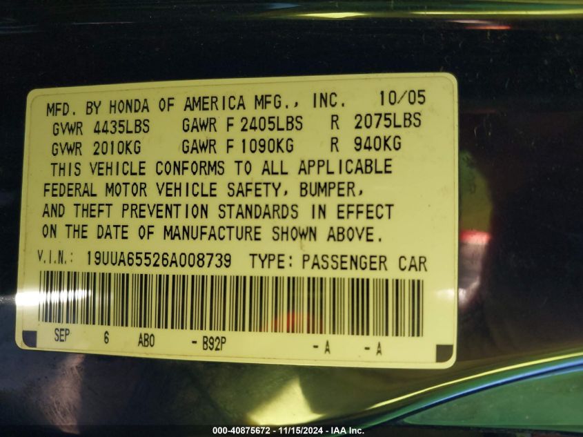 2006 Acura Tl VIN: 19UUA65526A008739 Lot: 40875672