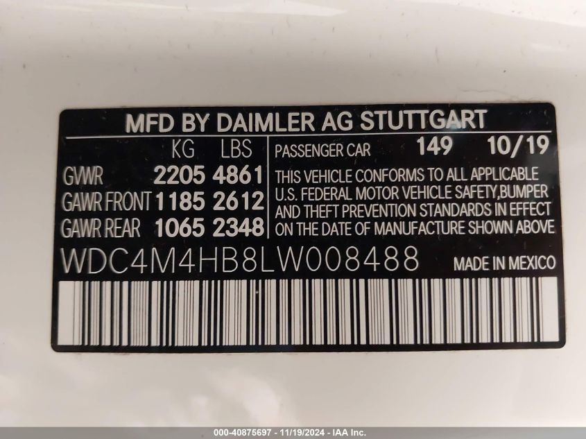 2020 Mercedes-Benz Glb 250 4Matic VIN: WDC4M4HB8LW008488 Lot: 40875697