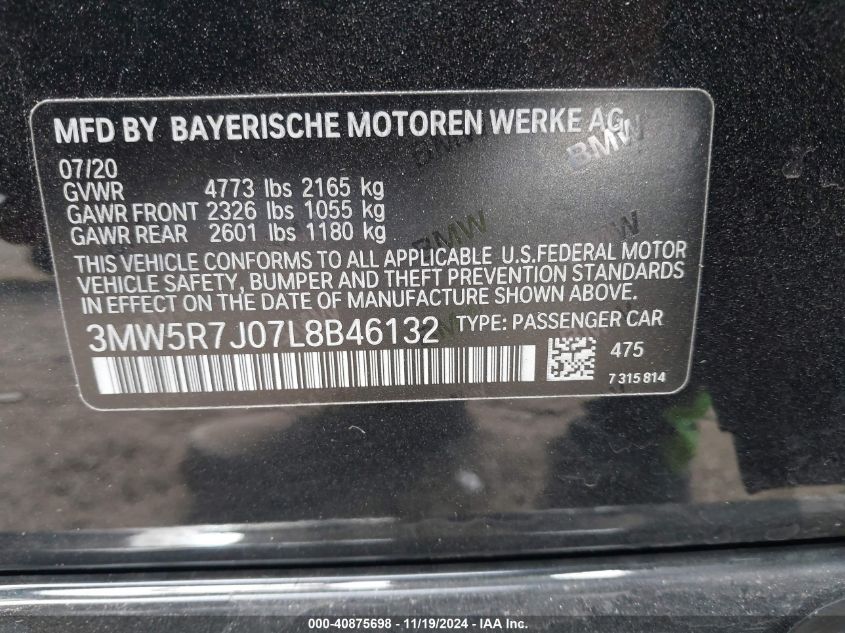 2020 BMW 330I xDrive VIN: 3MW5R7J07L8B46132 Lot: 40875698