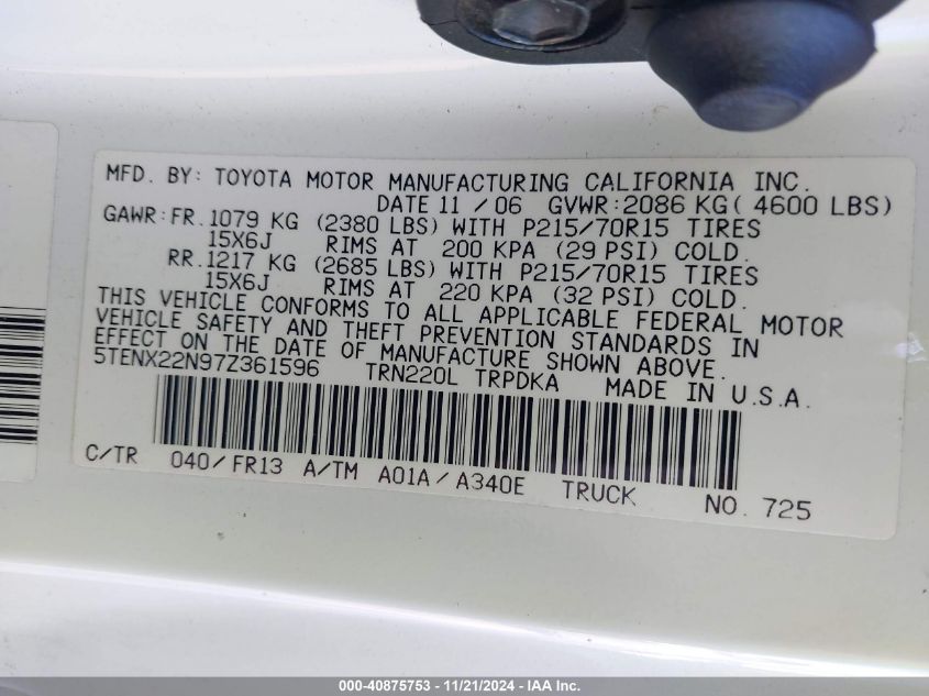 2007 Toyota Tacoma VIN: 5TENX22N97Z361596 Lot: 40875753