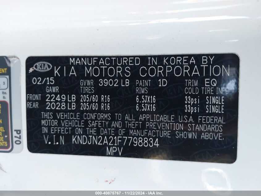 2015 Kia Soul VIN: KNDJN2A21F7798834 Lot: 40875767