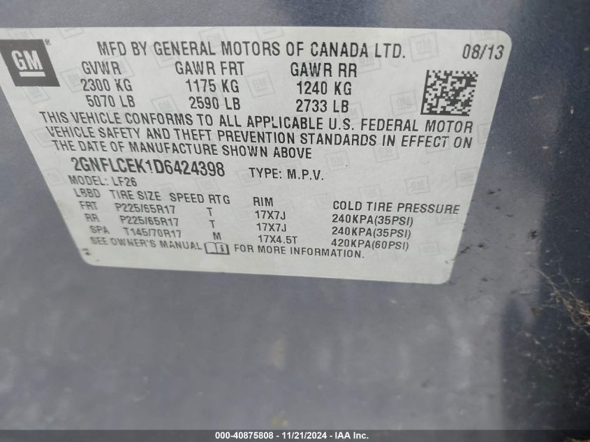 2013 Chevrolet Equinox Ls VIN: 2GNFLCEK1D6424398 Lot: 40875808