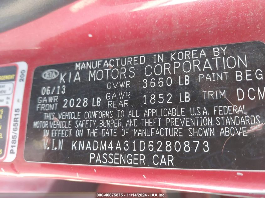 2013 KIA RIO VIN: KNADM4A31D6280873