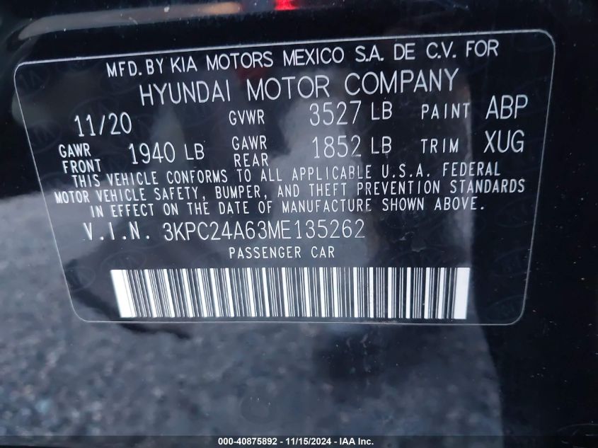 VIN 3KPC24A63ME135262 2021 Hyundai Accent, SE no.9