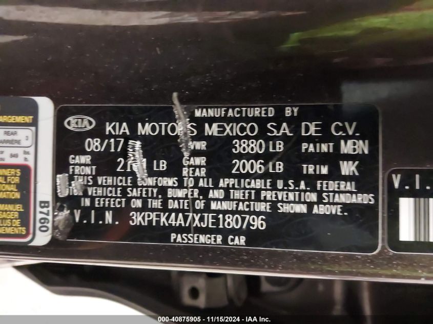 2018 KIA FORTE VIN: 3KPFK4A7XJE180796