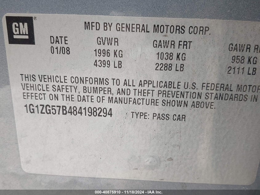 2008 CHEVROLET MALIBU VIN: 1G1ZG57B484198294