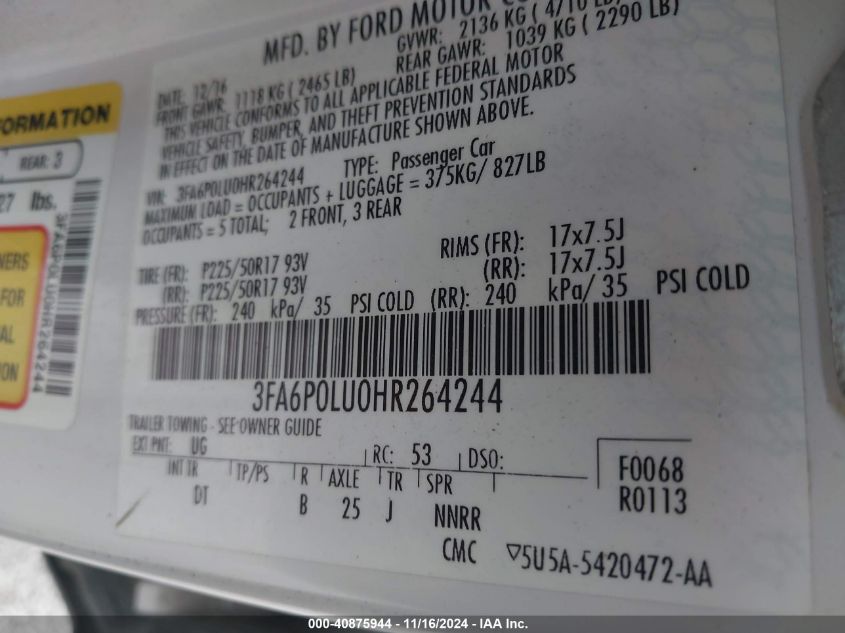 VIN 3FA6P0LU0HR264244 2017 FORD FUSION HYBRID SE