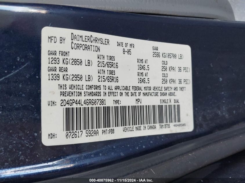 2006 Dodge Grand Caravan Sxt VIN: 2D4GP44L46R607381 Lot: 40875962