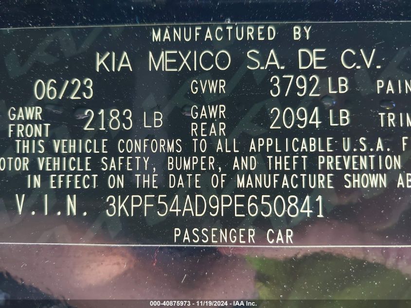 2023 Kia Forte Gt-Line VIN: 3KPF54AD9PE650841 Lot: 40875973