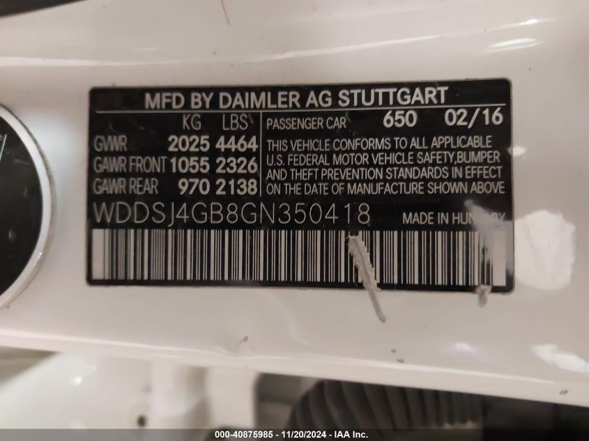 2016 MERCEDES-BENZ CLA 250 VIN: WDDSJ4GB8GN350418
