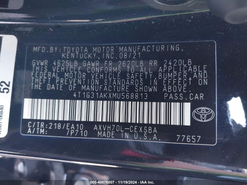 2021 Toyota Camry Se Hybrid VIN: 4T1G31AKXMU568813 Lot: 40876007