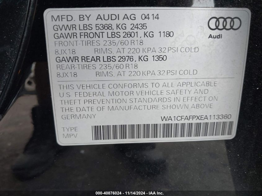 2014 Audi Q5 2.0T Premium VIN: WA1CFAFPXEA113360 Lot: 40876024