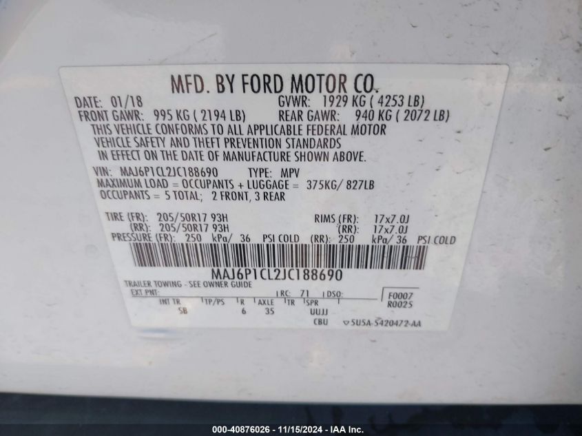 2018 Ford Ecosport Ses VIN: MAJ6P1CL2JC188690 Lot: 40876026