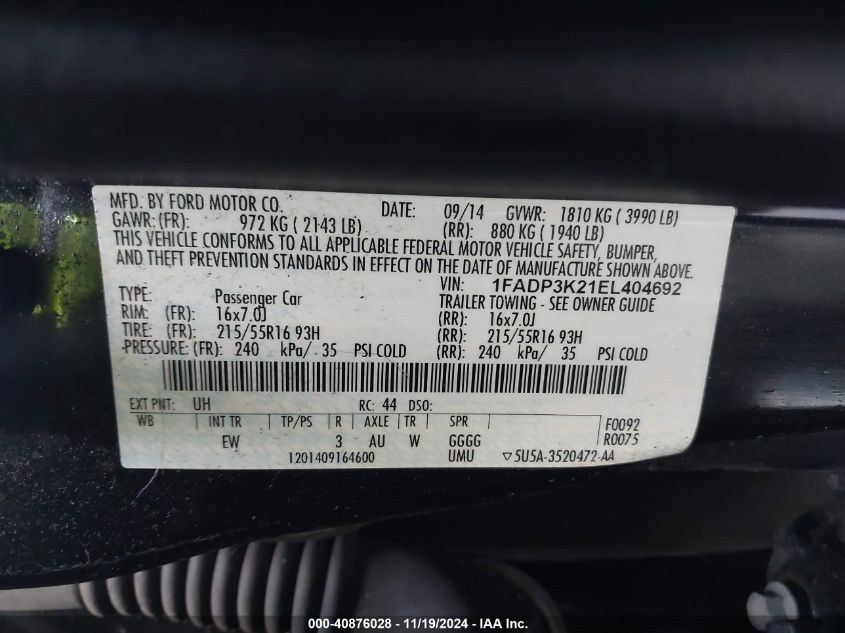 VIN 1FADP3K21EL404692 2014 Ford Focus, SE no.9