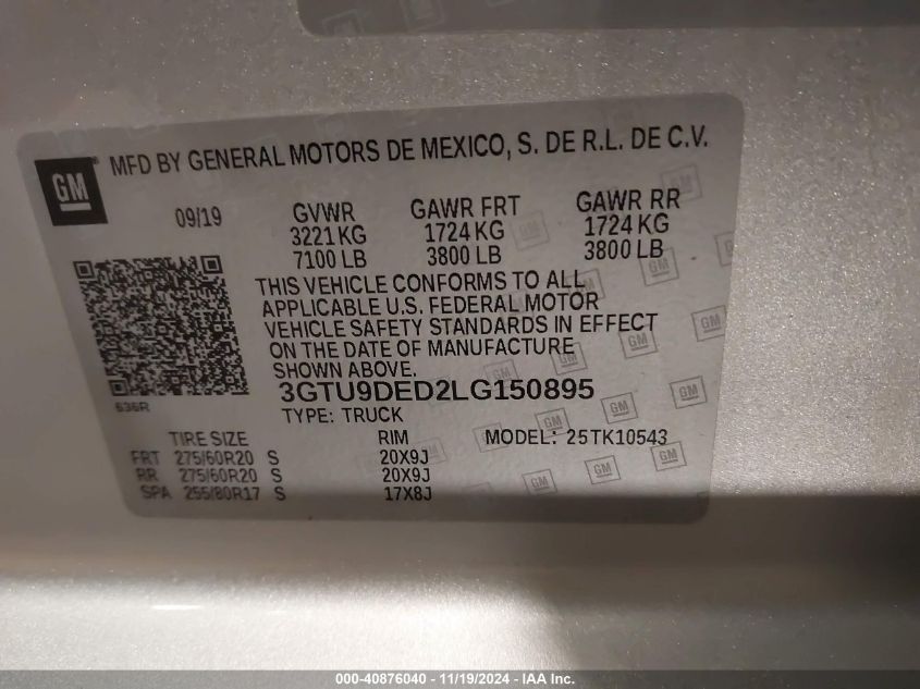 2020 GMC Sierra 1500 4Wd Short Box Slt VIN: 3GTU9DED2LG150895 Lot: 40876040