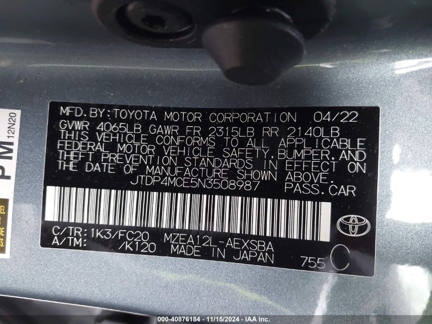 2022 TOYOTA COROLLA SE - JTDP4MCE5N3508987