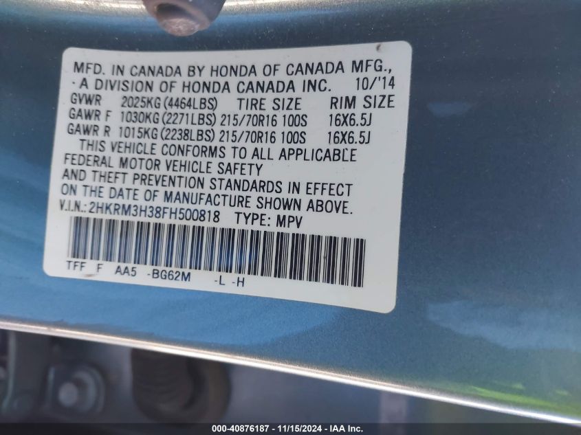 2015 HONDA CR-V VIN: 2HKRM3H38FH500818