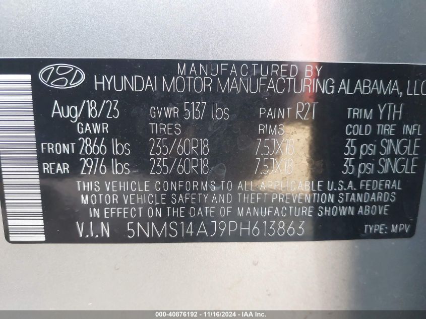 2023 Hyundai Santa Fe Se VIN: 5NMS14AJ9PH613863 Lot: 40876192