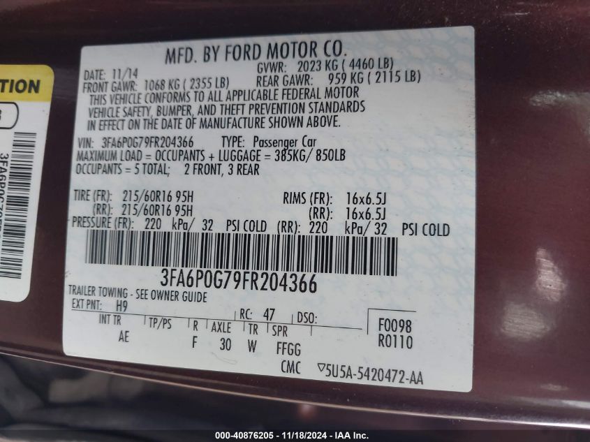 2015 FORD FUSION S - 3FA6P0G79FR204366