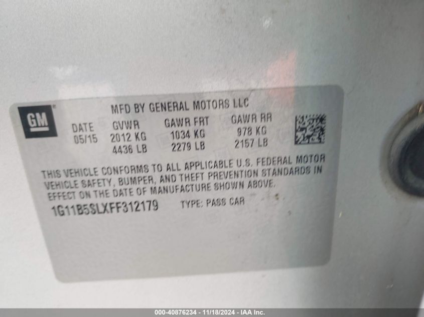2015 CHEVROLET MALIBU VIN: 1G11B5SLXFF312179