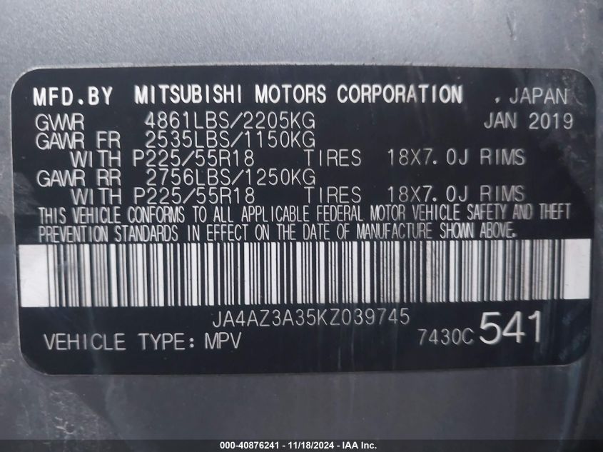 2019 Mitsubishi Outlander Sel VIN: JA4AZ3A35KZ039745 Lot: 40876241