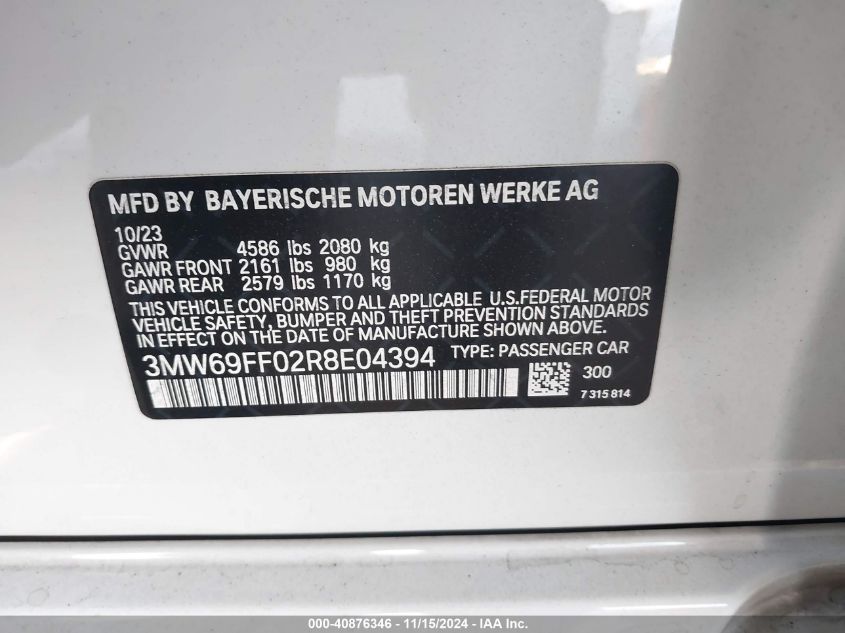 2024 BMW 3 Series 330I VIN: 3MW69FF02R8E04394 Lot: 40876346