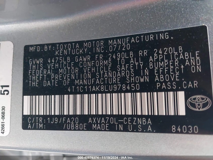 2020 TOYOTA CAMRY VIN: 4T1C11AK8LU978450