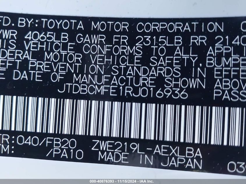 2024 Toyota Corolla Hybrid Le VIN: JTDBCMFE1RJ016936 Lot: 40876393