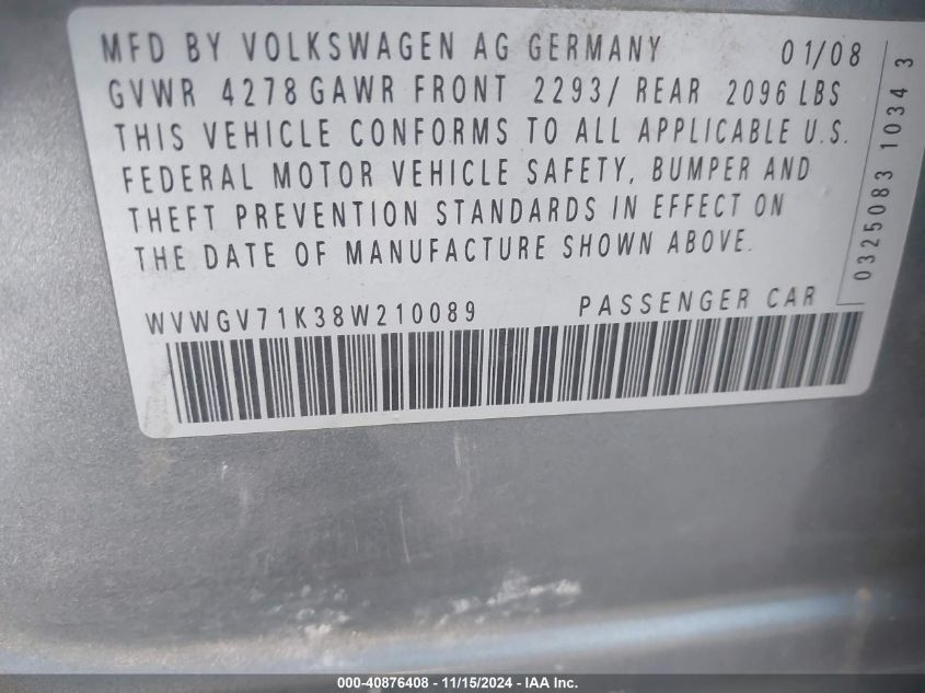 2008 Volkswagen Gti 4-Door VIN: WVWGV71K38W210089 Lot: 40876408