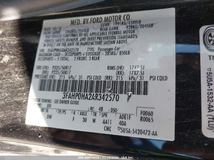 2010 Ford Fusion Se VIN: 3FAHP0HA2AR342570 Lot: 40876415