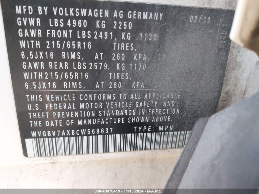 2012 Volkswagen Tiguan S VIN: WVGBV7AX8CW568637 Lot: 40876419