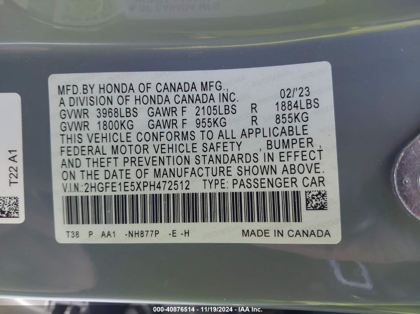 2023 HONDA CIVIC SI VIN: 2HGFE1E5XPH472512