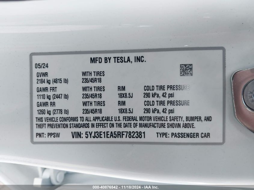 2024 Tesla Model 3 VIN: 5YJ3E1EA5RF782381 Lot: 40876542