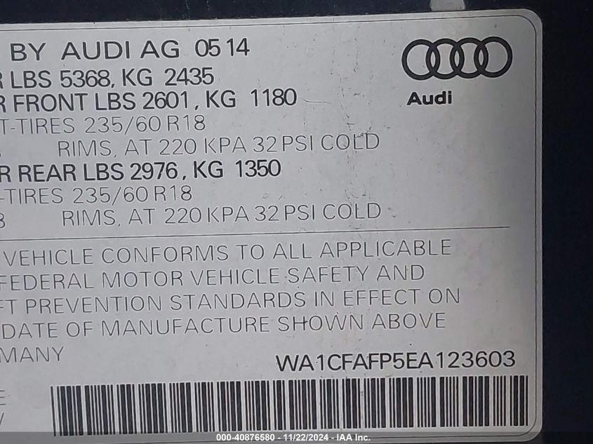 2014 Audi Q5 2.0T Premium VIN: WA1CFAFP5EA123603 Lot: 40876580