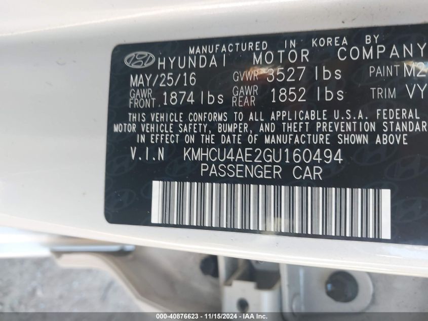 2016 Hyundai Accent Se VIN: KMHCU4AE2GU160494 Lot: 40876623