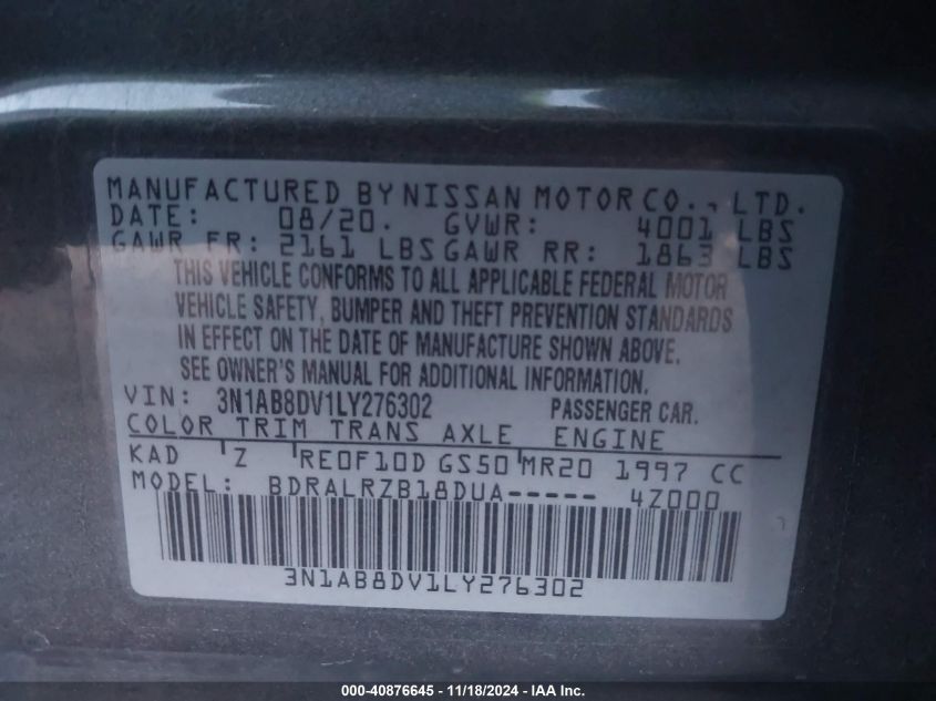 2020 Nissan Sentra Sr Xtronic Cvt VIN: 3N1AB8DV1LY276302 Lot: 40876645