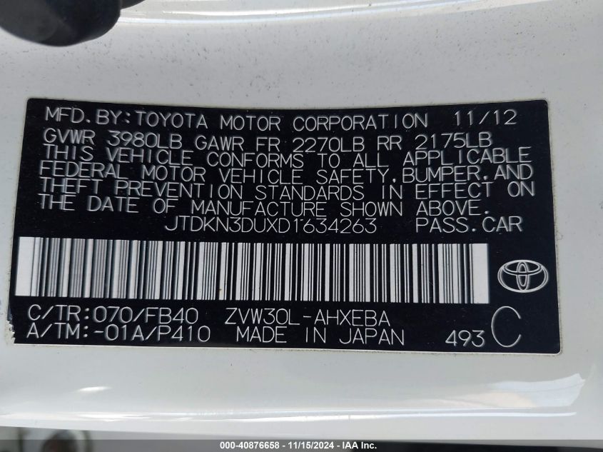 2013 Toyota Prius Two VIN: JTDKN3DUXD1634263 Lot: 40876658