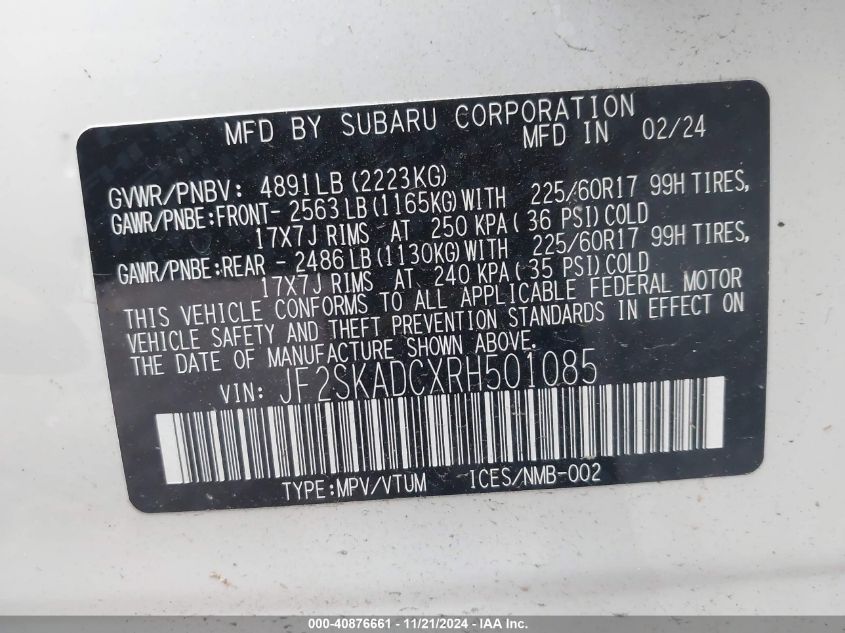 2024 Subaru Forester Premium VIN: JF2SKADCXRH501085 Lot: 40876661