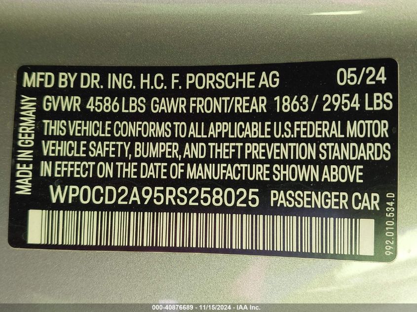 2024 Porsche 911 Turbo /Turbo S VIN: WP0CD2A95RS258025 Lot: 40876689