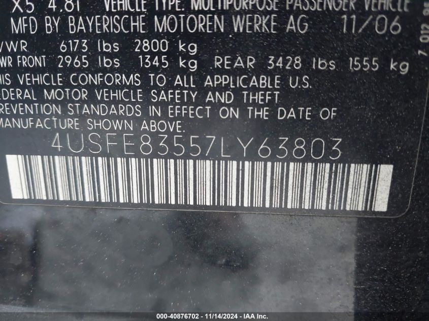 2007 BMW X5 4.8I VIN: 4USFE83557LY63803 Lot: 40876702