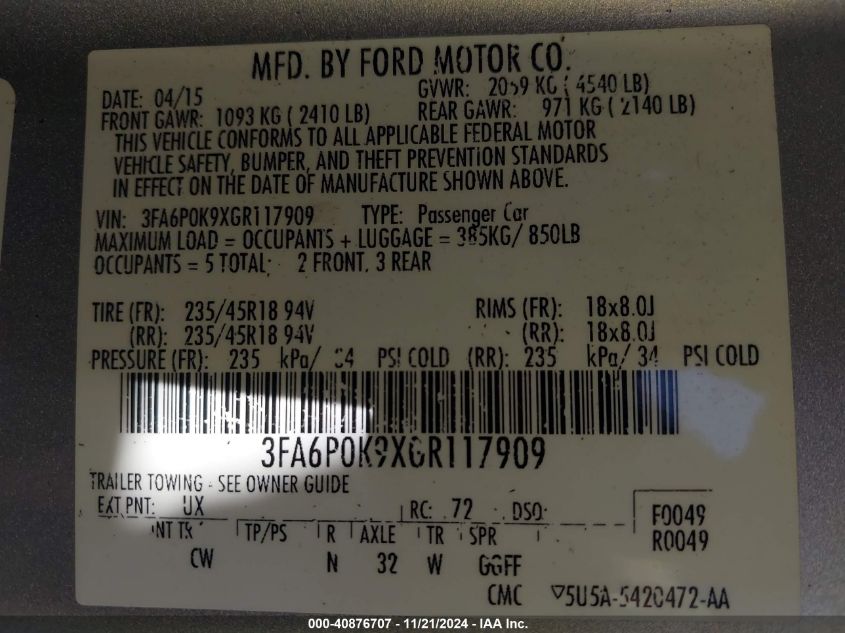 2016 FORD FUSION TITANIUM - 3FA6P0K9XGR117909