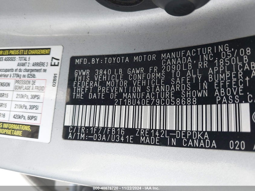 2009 TOYOTA COROLLA VIN: 2T1BU40E79C058688