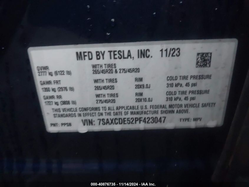 2023 Tesla Model X Dual Motor All-Wheel Drive/Standard Range VIN: 7SAXCDE52PF423047 Lot: 40876735